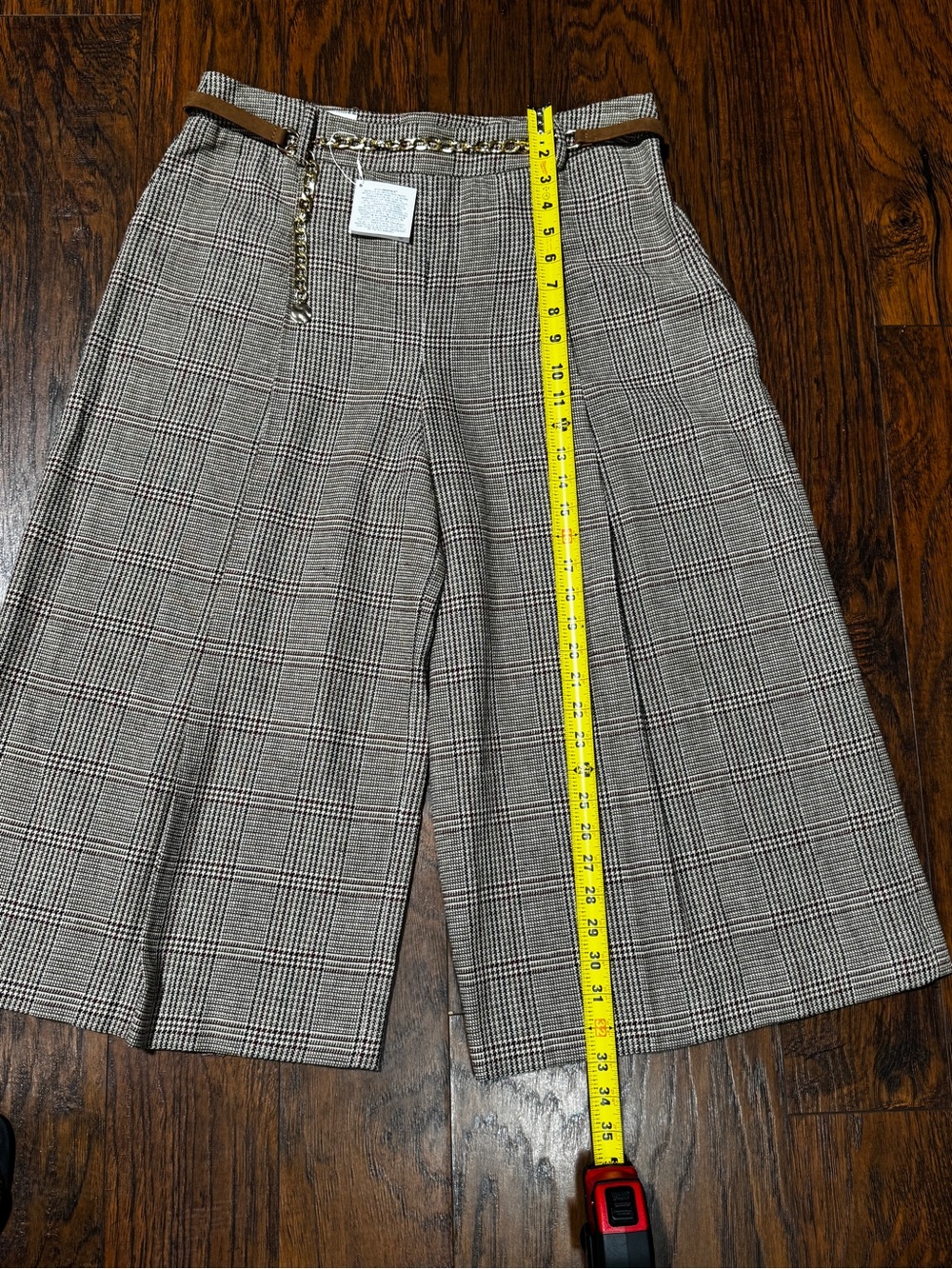 ZARA Womens Large Brown Plaid Pleated Wide-Leg Culottes with Chain Accent - Picture 8 of 9